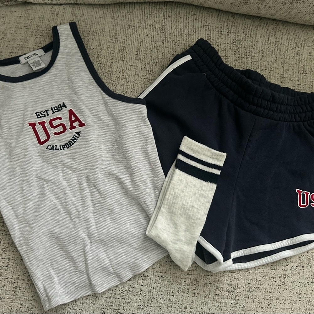Always You. Gray and Blue USA Tank Top short set and socks XS